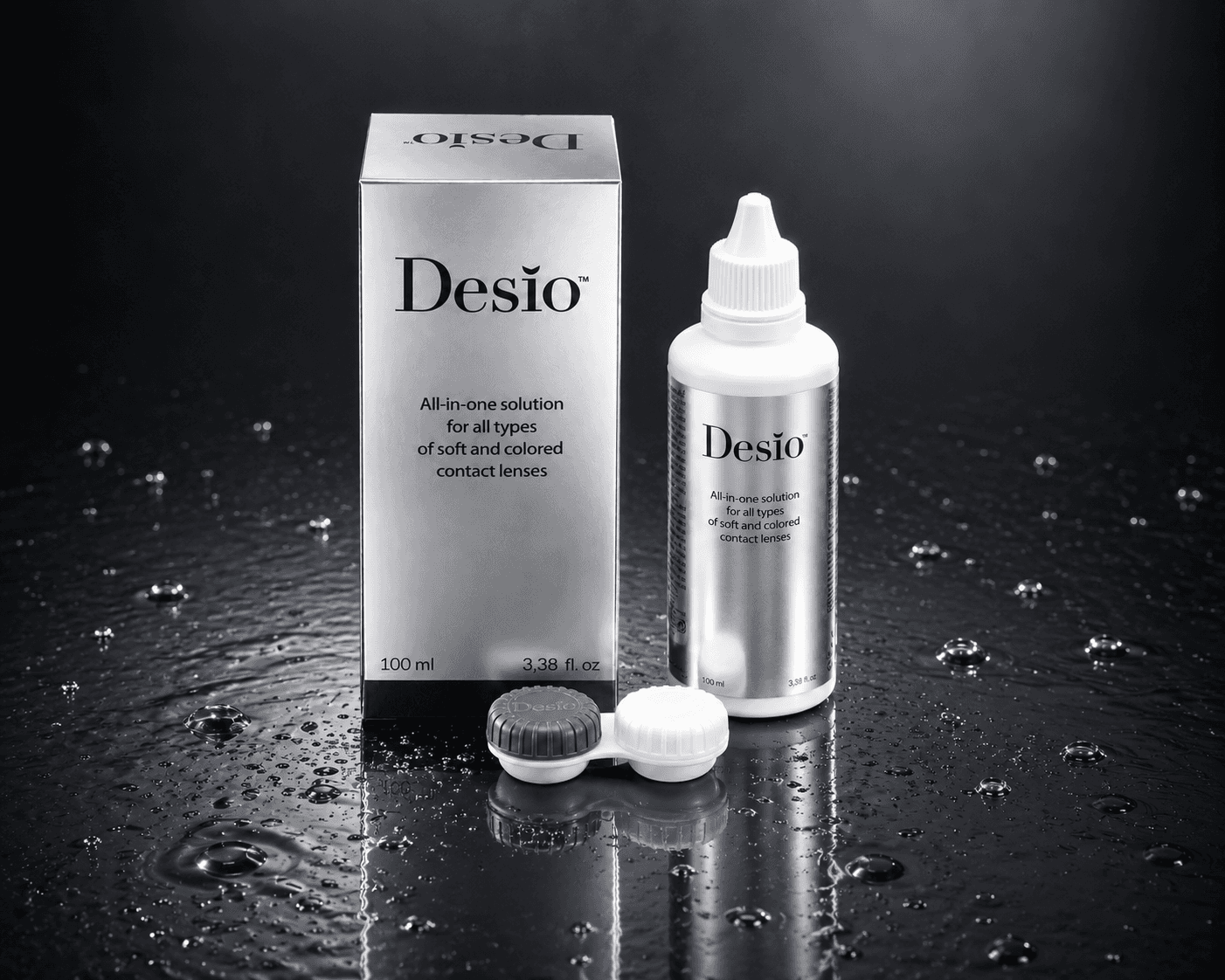 Bottle of Desìo Multi-Purpose solution for soft and coloured contact lenses, with lens case included.
